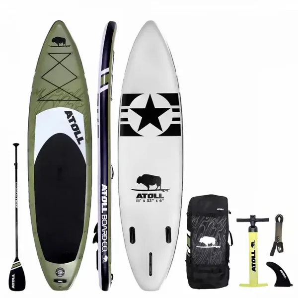 Atoll Full Package product photo: one inflatable paddle board shown from the front, side and back, with paddle, travel backpack, hand pump, coil leash and fin