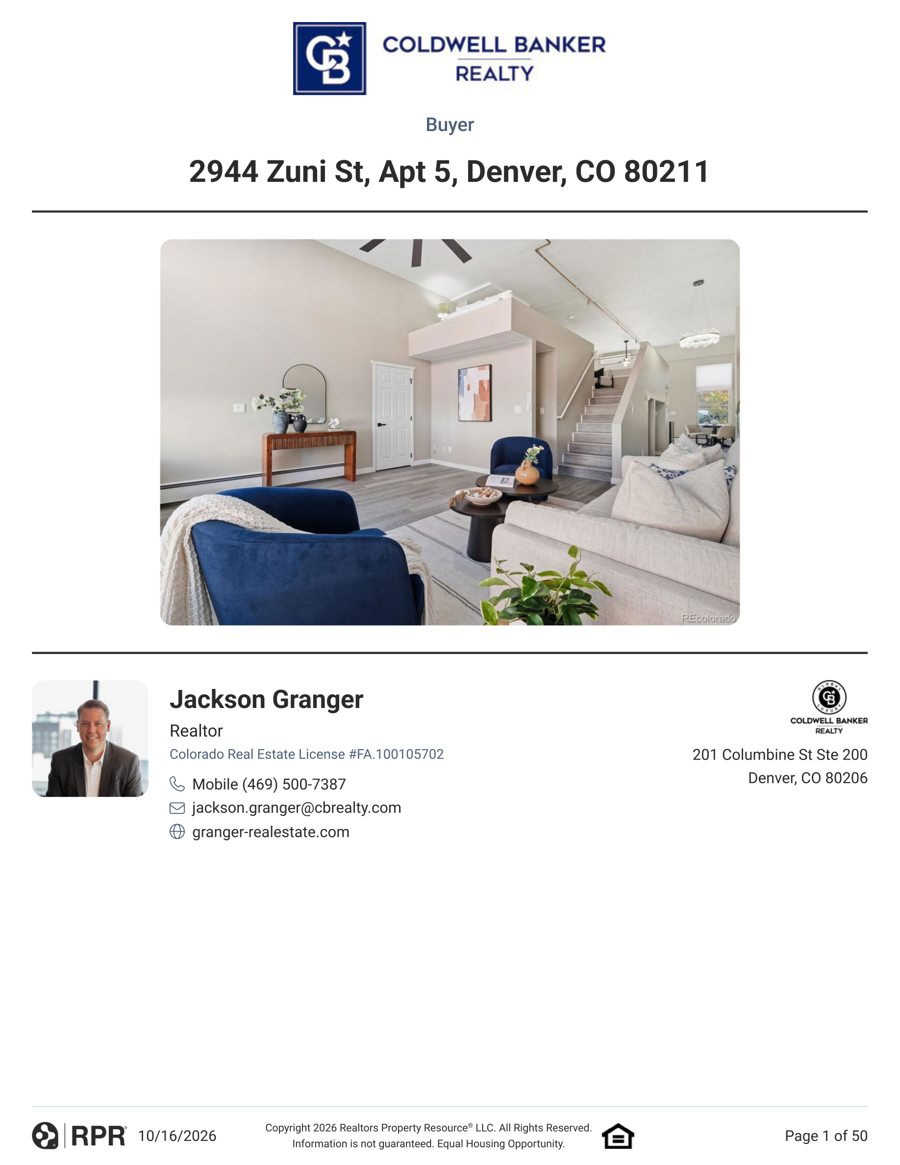 Cover of the RPR Buyer Report for 2944 Zuni St, Apt 5